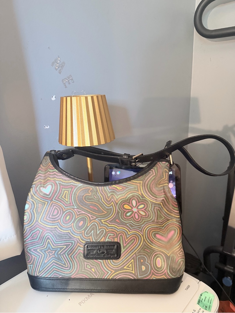 Dooney & Bourke Multicolor Psychedelic Pattern Shoulder Bag with Black Trim